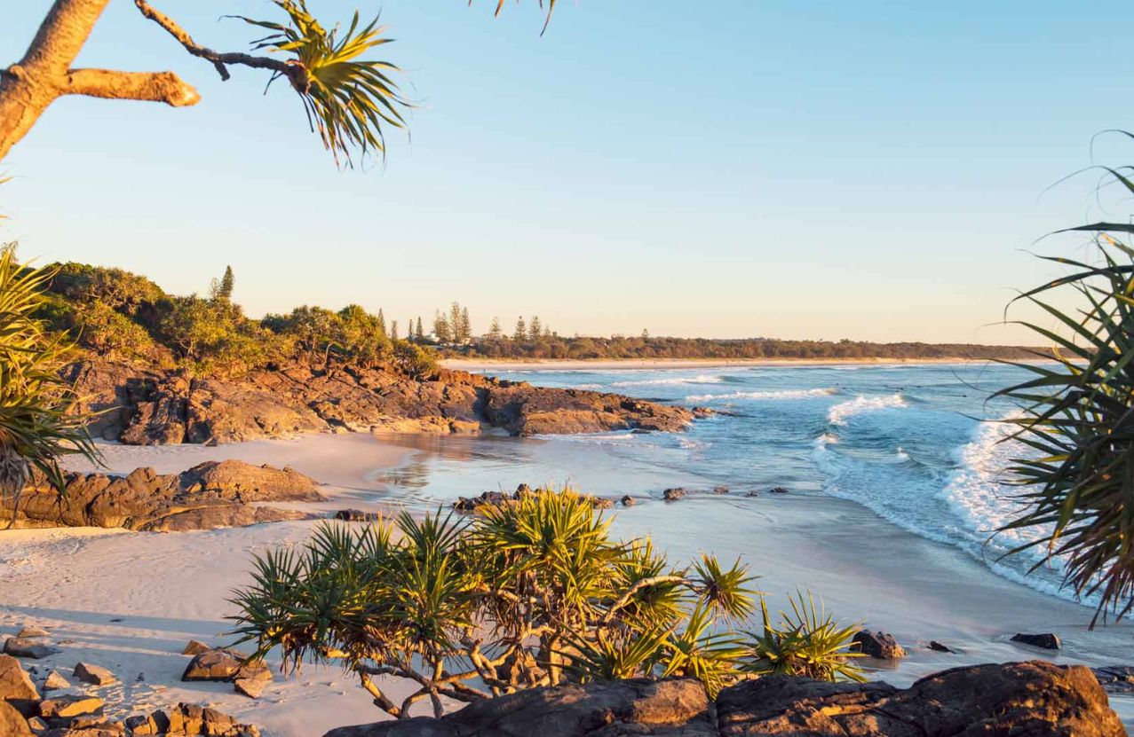 Cabarita Beach in late light, pandanus and dark rock shelves framing a quiet shore.
