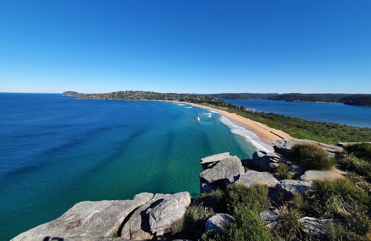 Palm Beach from Barrenjoey, a long gold spit between the ocean and Pittwater.