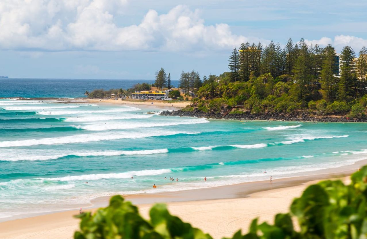 Rainbow Bay and Snapper Rocks, lines of turquoise surf under Norfolk pines.