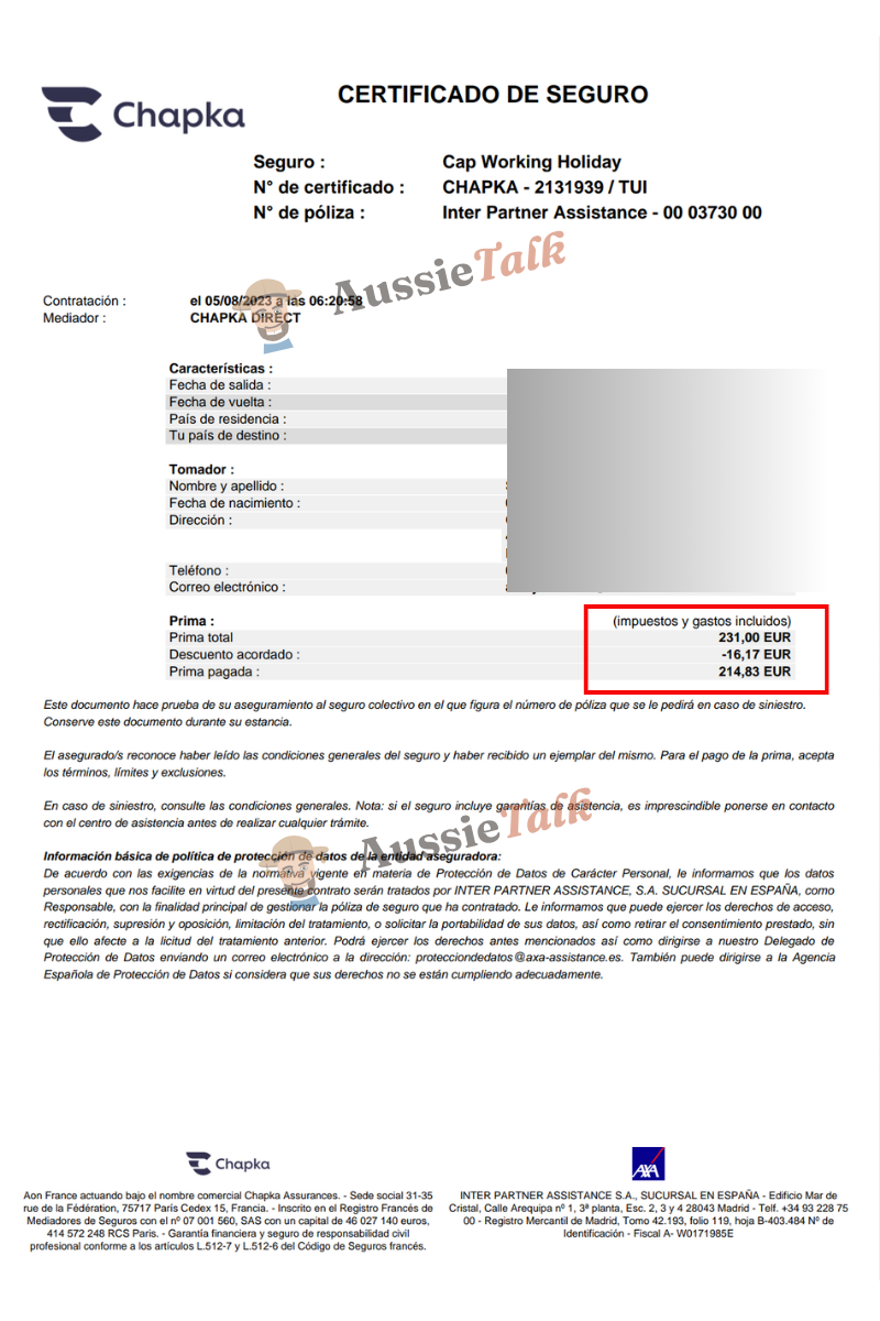 Chapka Cap Working Holiday insurance certificate in Spanish. Personal details are covered. The six-month premium shown is 214.83 euros after a discount.
